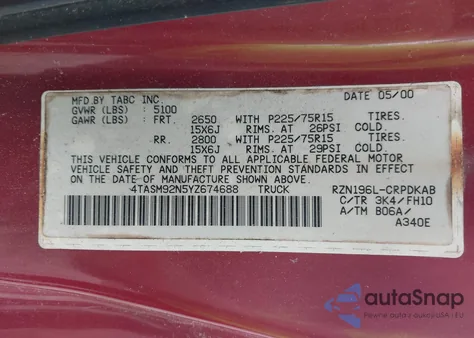 2000 Toyota Tacoma Prerunner z USA, uszkodzony, nr VIN 4TASM92N5YZ674688